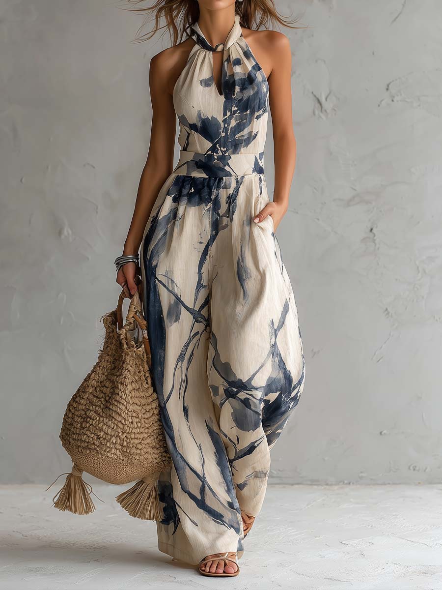 Valeria | Tuta ampia con scollo halter e stampa artistica