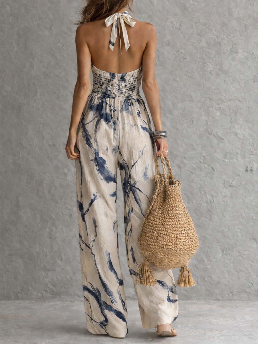 Valeria | Tuta ampia con scollo halter e stampa artistica