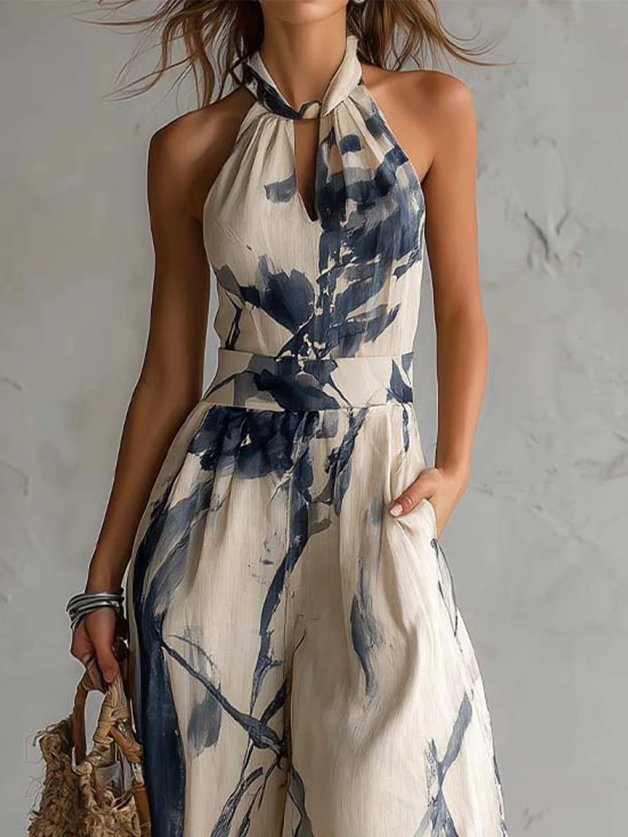 Valeria | Tuta ampia con scollo halter e stampa artistica