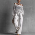 Valeria | Completo elegante con top bardot e pantaloni ampi
