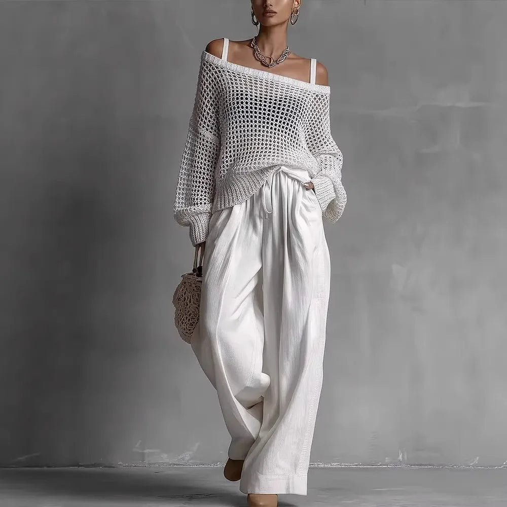 Valeria | Completo elegante con top bardot e pantaloni ampi