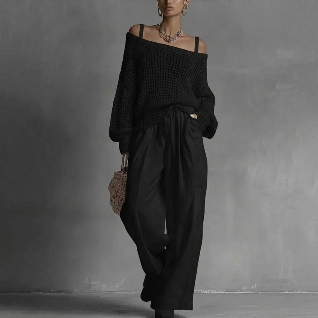 Valeria | Completo elegante con top bardot e pantaloni ampi